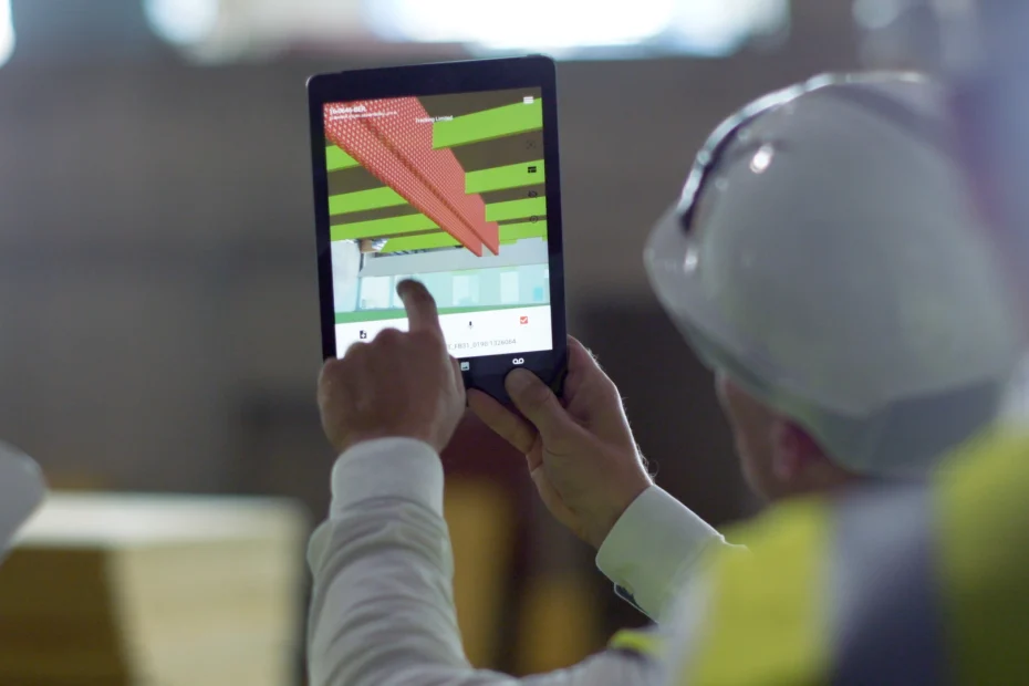 construction worker showing augmented reality for construction
